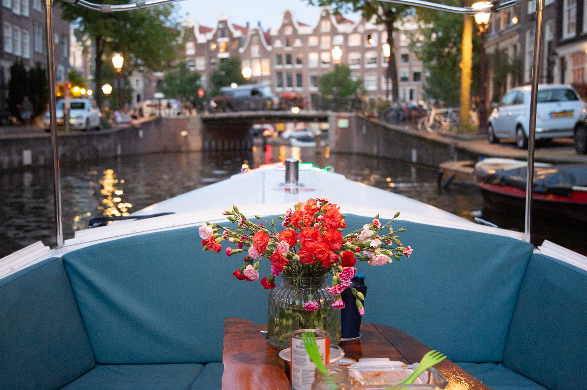 Comfortable interior of private Amsterdam tour boat