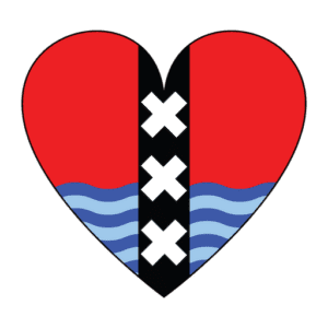 Heart-shaped logo of Book a Tour Amsterdam, combining Amsterdam flag and water of the Amsterdam canals
